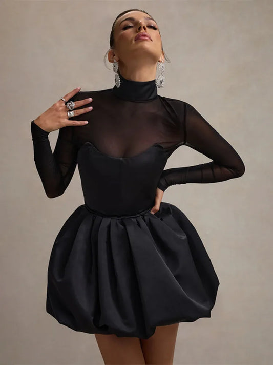 Turtleneck Sheer Long Sleeve Mini Dress for Black See Through High Waist A-line Club Party Dress