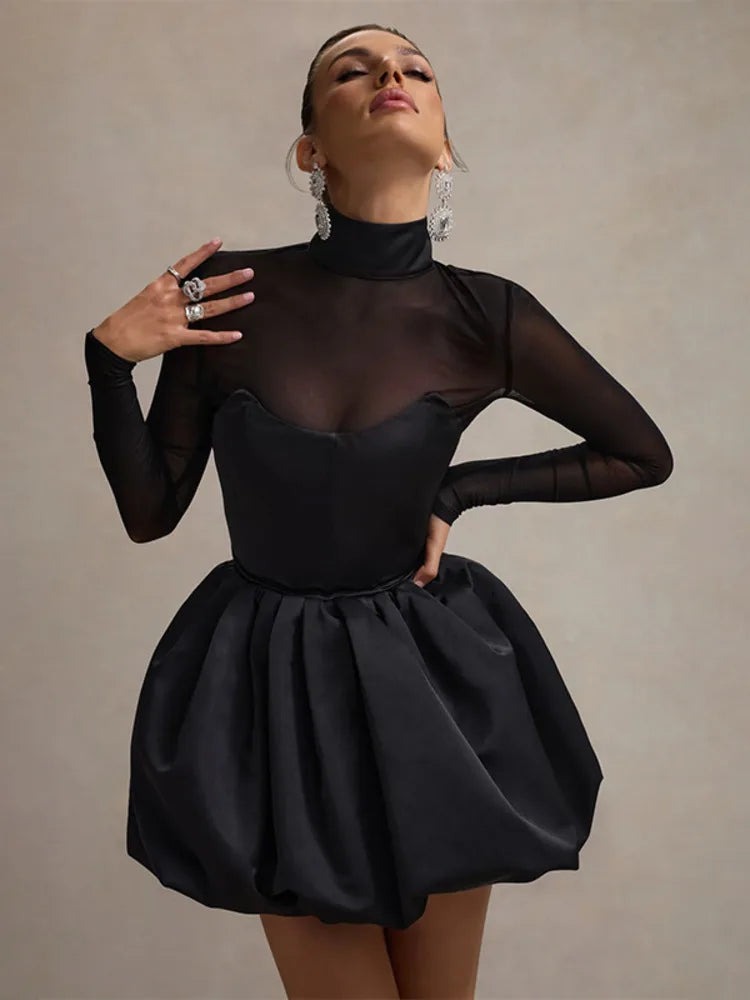 Turtleneck Sheer Long Sleeve Mini Dress for Black See Through High Waist A-line Club Party Dress