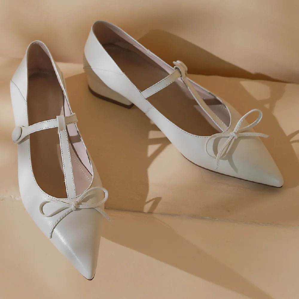 Genuine Leather Pointed Toe Tstrap Ballet Flats Single Shoes Soft Comfortable Female Sprinng New Ballerians