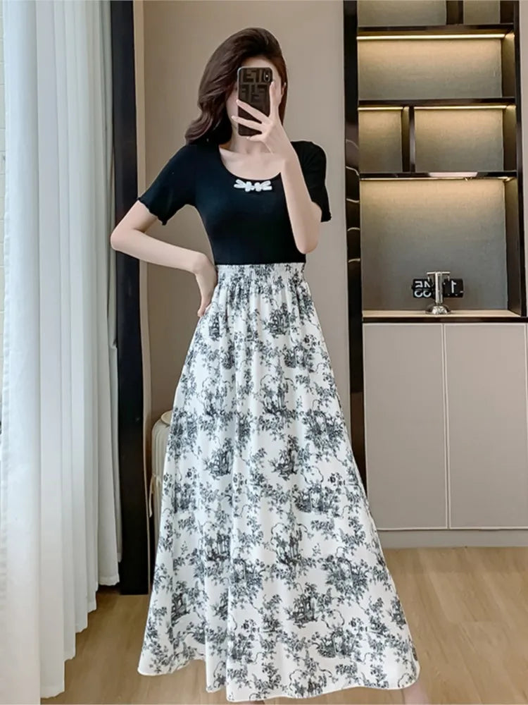 Dresses for Patchwork Aline Long Dress Print Chinese Style New Summer One Piece Vestidos