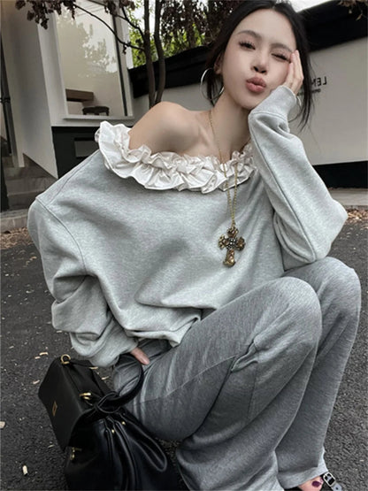Grey Sweet Florals Sweatshirts Loose Spring Mujer Skew Collar New Daily All Match