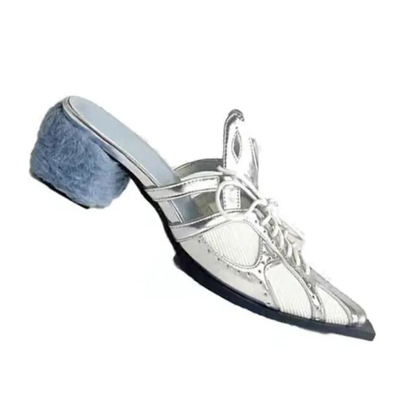 Hollow Out Pointedtoe Colorblock High Heels Comfortable Breathable Sandals Plush Heel Mules Personality Shoes