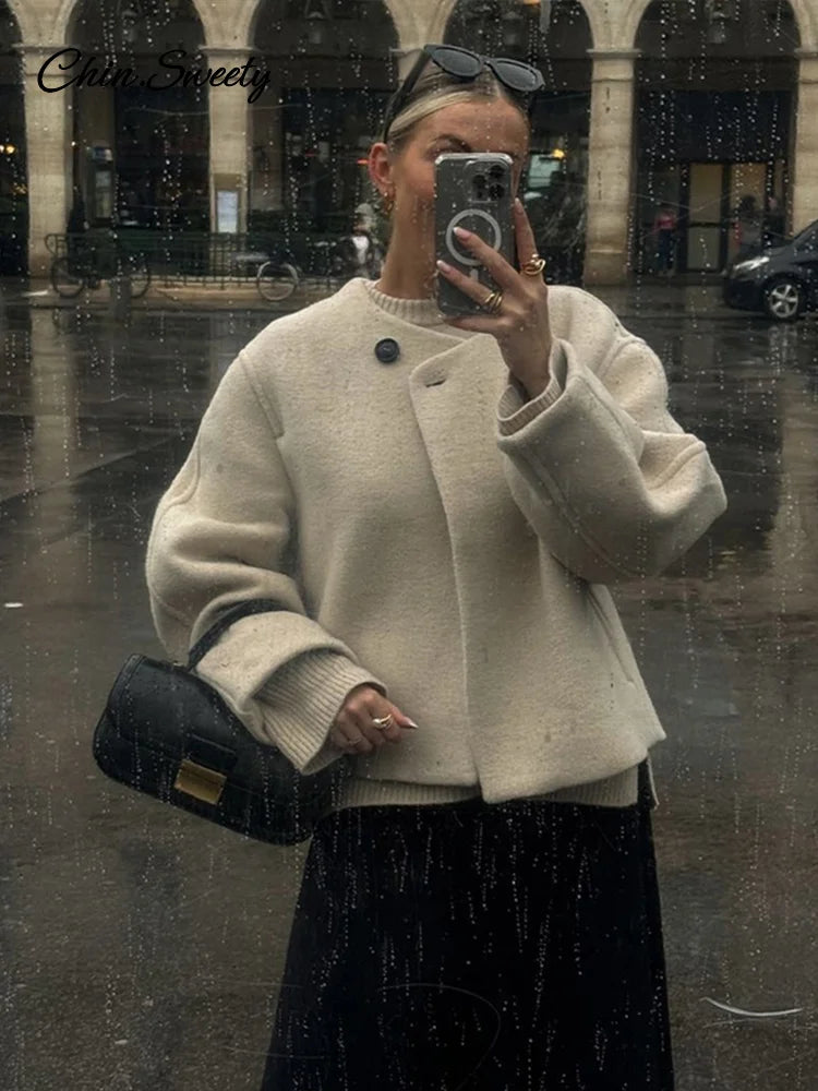 Woolen Blend Jacket for Button O-neck Long Sleeve Coat New Autumn Winter Commute Warm Outwear