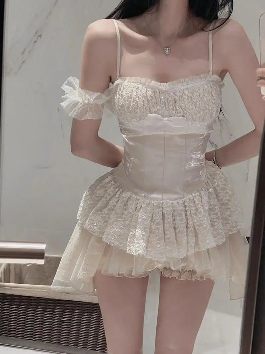 Summer Korean Style Lace Waist Slimming Suspended Dress Princess Hot Girl Mesh Spliced Aline Short Mini Dress for