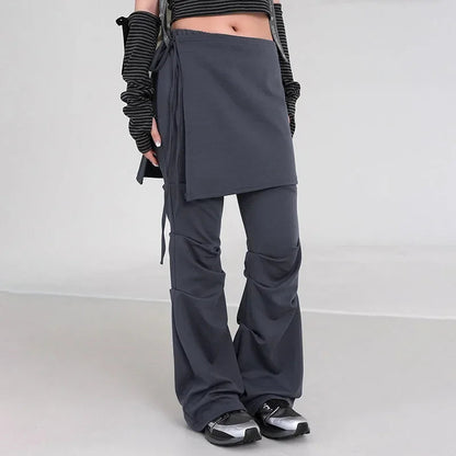 Retro Fake Two Piece Wideleg Pants Spring New High Street Drawstring Laceup Color Trousers