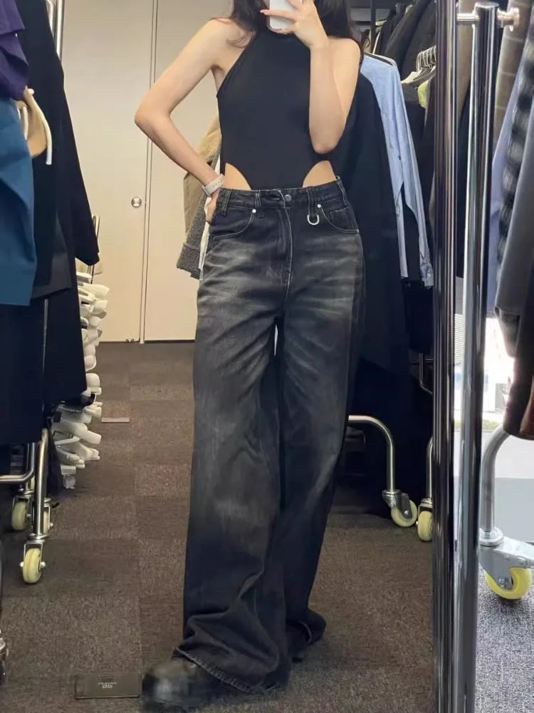 Oversize Street Black Jeans for Y2k High Waist Loose Wide Leg Pants Early Spring New Straight Flare Pants