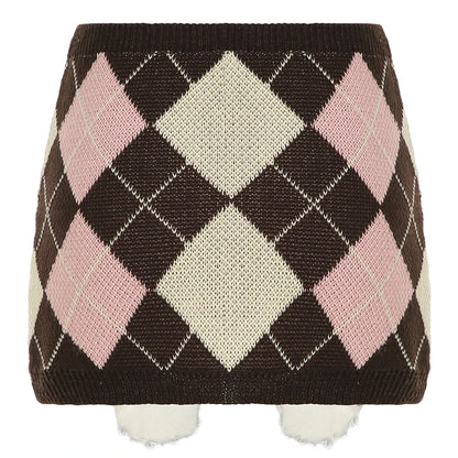 Autumn Knitted Sweet Rhombus Plaid Skirts Plush Ball Lace Up Bow Mini Skirts