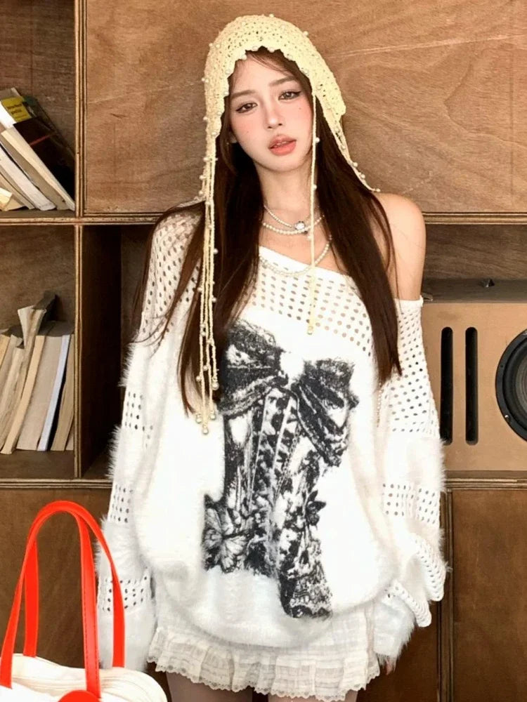 White Butterfly Print Sweater Bow Graphic Long Sleeve Pullover Hollow Out Off Shoulder Knitwear Autumn Winter