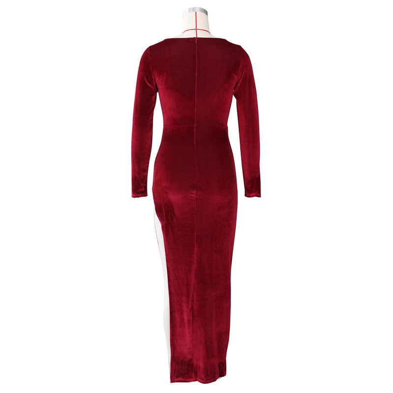 Velvet High Waist Slit Maxi Dress Long Sleeve Evening Party Dress