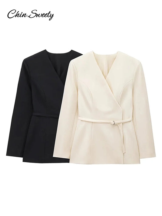 Slim Belt Blazer Coat for V Neck Buckle Long Sleeve Suit Jacket Spring Lady Commute High Waisted Outwear New