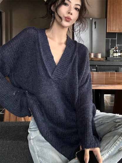 Spring Lazy Style Sweaters Loose Vneck Pullovers New Oversize Knitted All Match