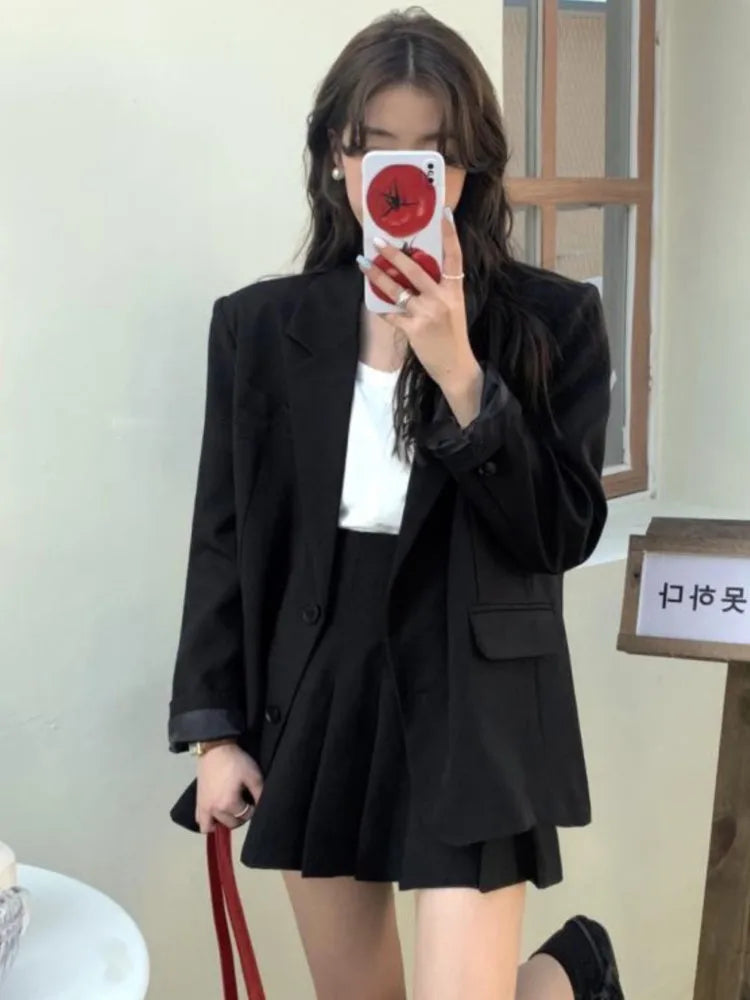 Korean Two-piece Skirt Set Single Breasted Blazer Coat + Pleated Mini Skirt Autumn Office Lady Suits