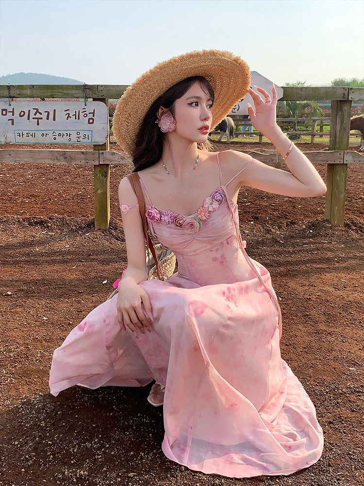 French Retro Chiffon Midi Dress Light Pink Printed Sleeveless Dress Beach Summer