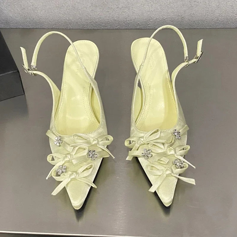 Designer Pointed Toe Thin High Heels Butterflyknot Slingback Sandals Female Party Dress Shoes Pumps