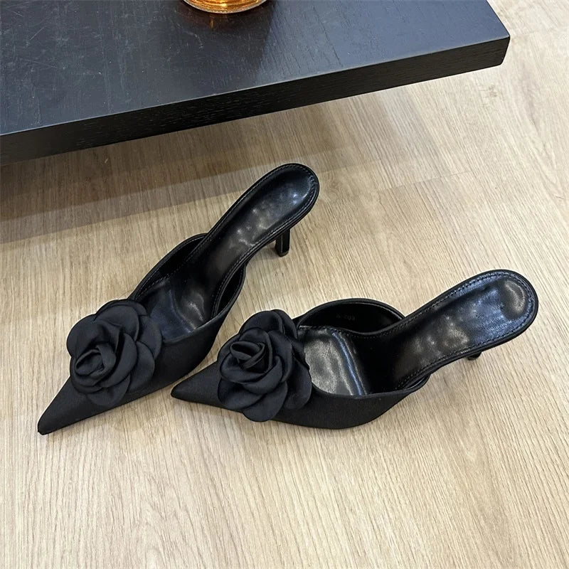 Designer Flower Pointed Toe Pumps Shallow Thin High Heels Shoes Slide Mule Slippers