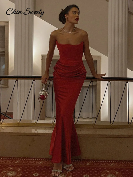 Pleat Strapless Long Dresses Sleeveless Backless Hip Package Lace-up Party Dress Lady New Christmas Cocktail Gowns