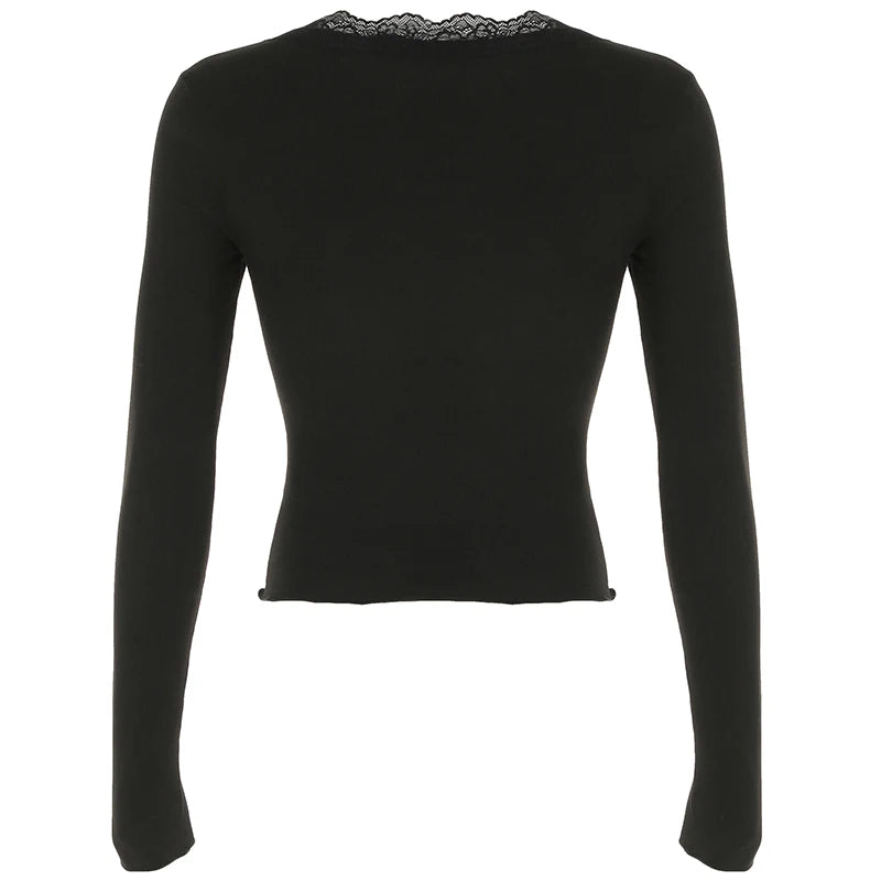 Ruched Lace Trim Square Collar T-shirt Slim Long Sleeve Hotsweet Retro Autumn New Top Tees
