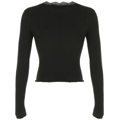 Ruched Lace Trim Square Collar T-shirt Slim Long Sleeve Hotsweet Retro Autumn New Top Tees