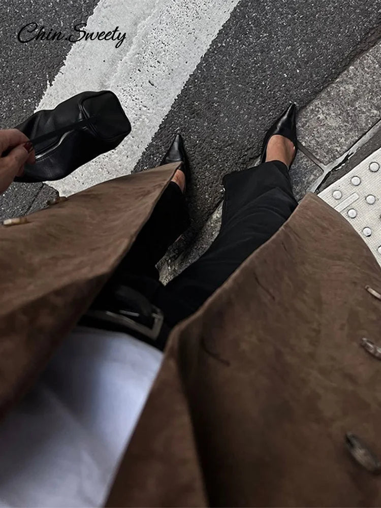 Lapel Suede Long Jacket Oversized Double-breasted Trench Overcoat Autumn Lady Commute Outerwear New
