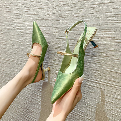 Satin Pointed Toe High Heels Designer Sandals Green Slingback Party Dress Shoes Muller Pumps