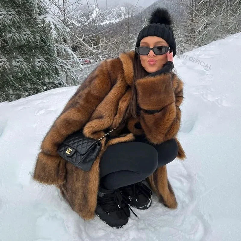 Brand Long Furry Faux Fur Coat Winter Brown Gradient Thick Warm Outerwear Fluffy Fur Jacket