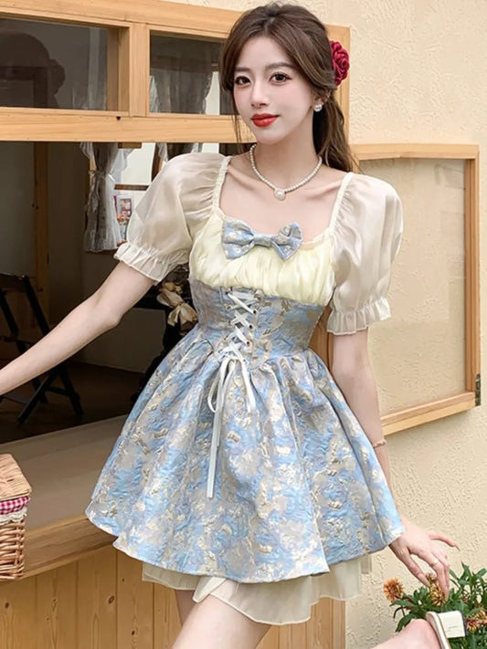 French Sweet Mini Dress for Bow Short Sleeves Laceup Princess Birthday Party Short Dresses Aline Vestidos
