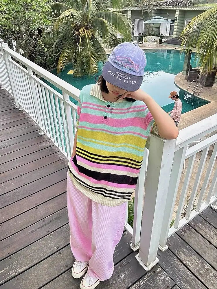 Summer Striped Pants Wide Leg Pants Harajuku Patchwork Fake Two Pieces Trousers Korean
