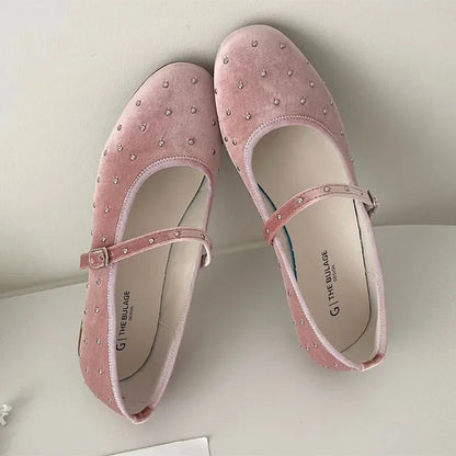 Satin Velvet Rivet Decoration Flat Shoes New Designer Comfort Mary Jane Shoe Ballet Flats Loafers
