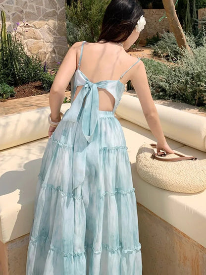 Korean Spaghetti Strap Long Dresses for Sleeveless Tie Dye Birthday Party Dress Summer Holiday Prom Vestidos Robe