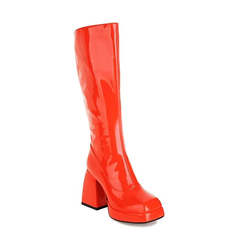 Mint Green White Patent Leather Knee High Boots Square High Heels Waterproof Platform Party Fetish Shoes 42 43
