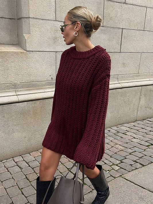 Knitted Mid Long Sweaters Loose O-neck Long Sleeve Dark Red Pullover Sweaters Female Autumn Street Tops