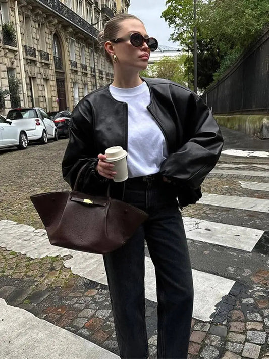Zipper Round Neck Faux Leather Jacke Long Sleeved Color Coat Autumn New Lady Commuting Outerwear