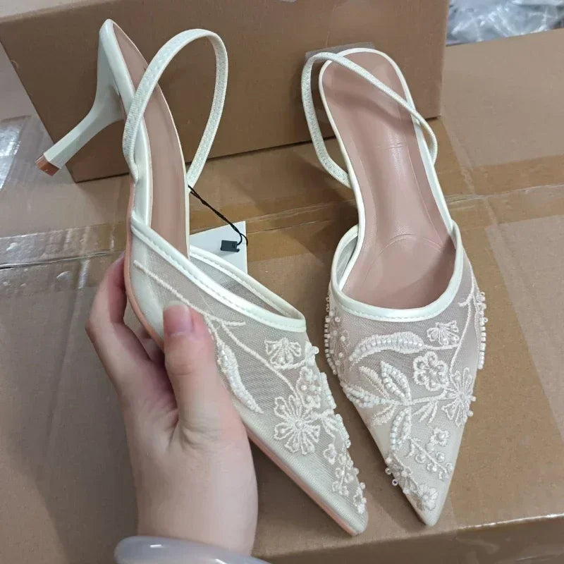 Mesh Embroidered Brand Sandals String Bead Thin Heels Mules Shoes Pointed Toe Slingback Slippers Zapatos De Mujer