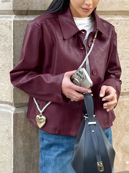 Burgundy Faux Leather Jackets Moto Biker Lapel Zipper Long Sleeve Female Coats Spring Lady Street Outwear