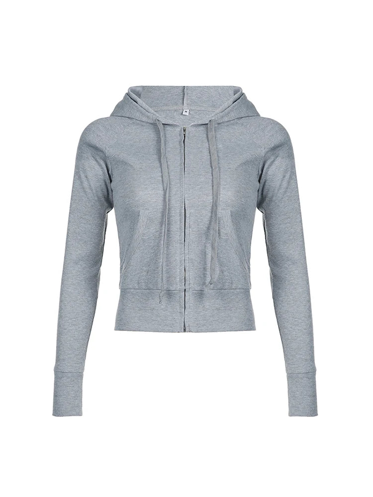 Gray Slim Zip Up Jackets Hoodies for Pockets Long Sleeve Ribbed Simple Basic Preppy Sweatshirts
