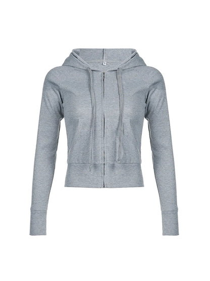Gray Slim Zip Up Jackets Hoodies for Pockets Long Sleeve Ribbed Simple Basic Preppy Sweatshirts