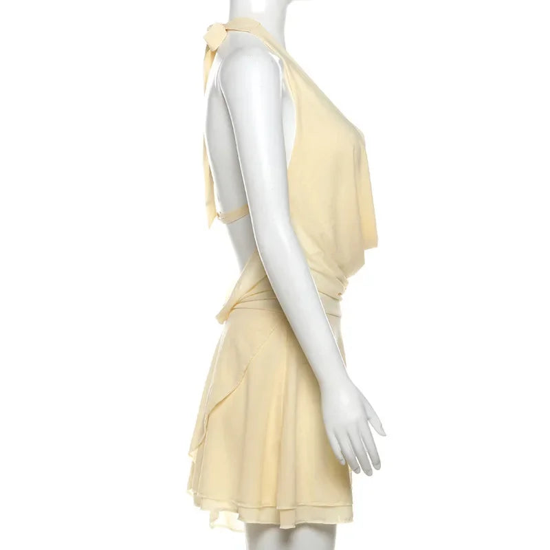 V-neck Mini Dress for Ruffled Backless Lace-up Patchwork Mesh Autumn New Slim Female Party Dress