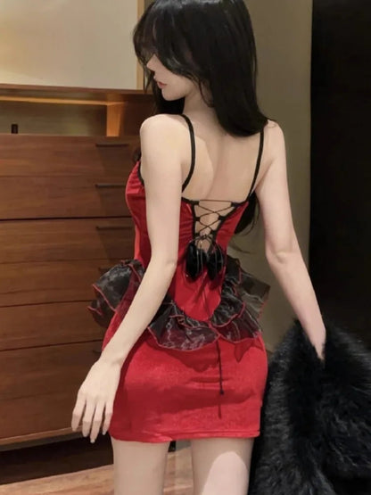 Mini Dresses Ruffles Patchwork Sweet Bow Bandage Backless Mesh Sleeveless Clubwear Party
