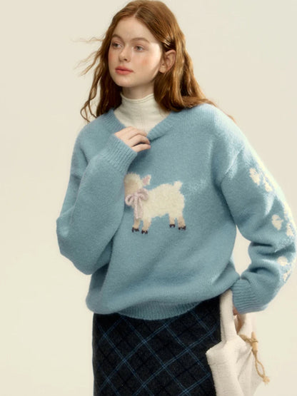 Blue Sheep Pattern Ribbed Sweater Bow Graphic Long Sleeve Knitwear Oversized Korean Winter Cutecore Pullovers