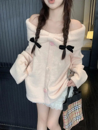 Off Shoulder Pink Sweet Gentle Wind Bow Soft Glutinous Sweater Autumn Loose Versatile Knitted Top
