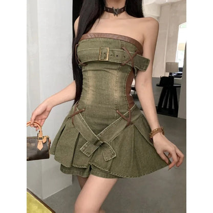 Pu Leather Stitching Denim Aline Mini Dress French Y2k Laceup Dress Korean Retro Clothing