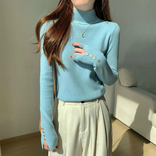Half Turtleneck Sweater Korean Black Knitted Pullover Long Sleeve Knitwear Fall Winter Buttons Slim Jumpers