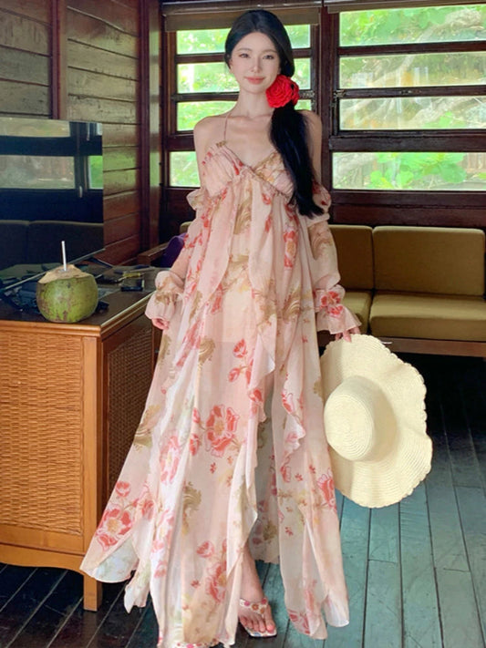 French Off Shoulder Beach Dress Sweet Halter Irregular Party Long Dresses Fairy Backless Y2k Vestidos