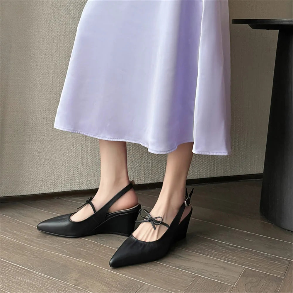 Genuine Leather Slingbacks Pumps Pointed Toe Silver Black Wedges Heels Shoes Woman Summer Pumps