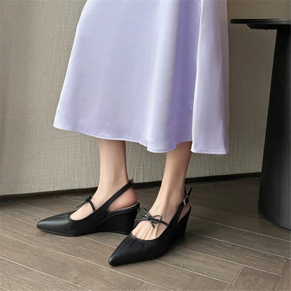 Genuine Leather Slingbacks Pumps Pointed Toe Silver Black Wedges Heels Shoes Woman Summer Pumps