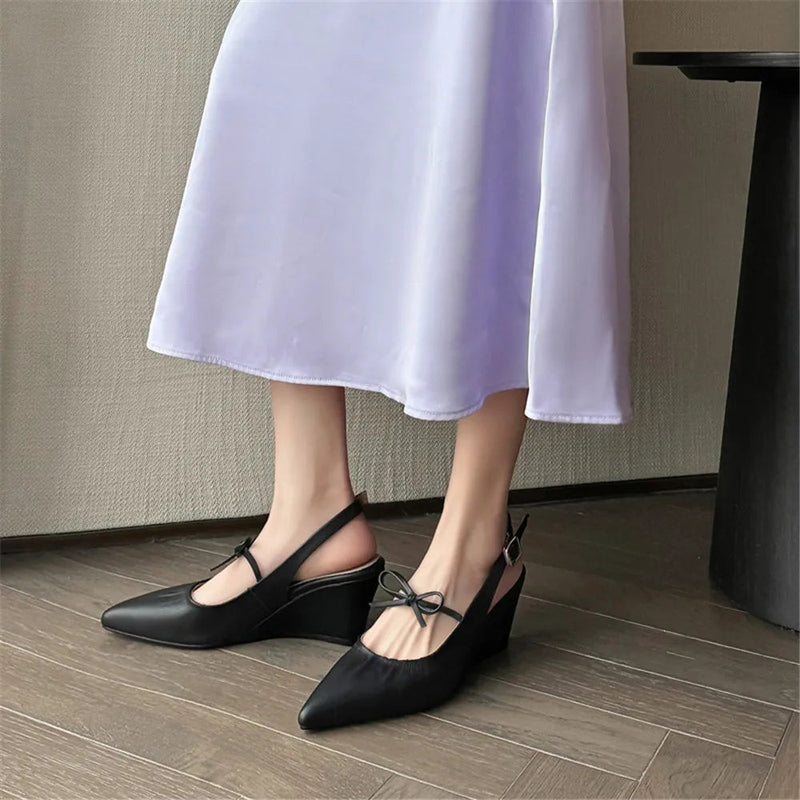 Genuine Leather Slingbacks Pumps Pointed Toe Silver Black Wedges Heels Shoes Woman Summer Pumps