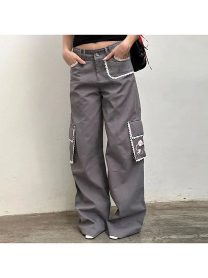 Woman Denim Pants Loose Trousers Low Waist Sweatpants Floorlength Cargo Pockets Pants Bell Bottoms Hiking Design Pant Y2k