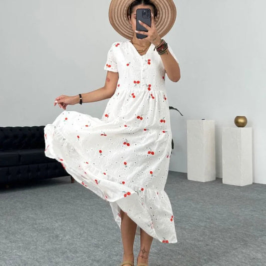 Embroidery Maxi Dresses for Summer Puff Sleeve Slim White Dress Party Club Aline Dress