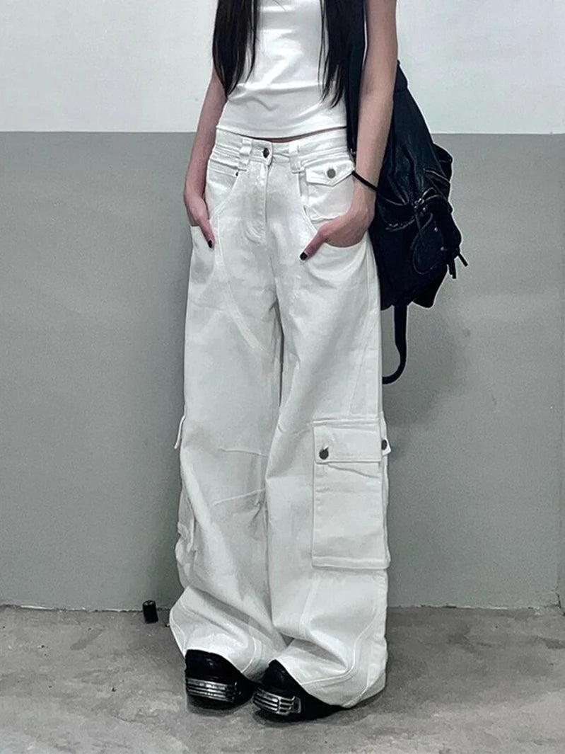 Summer White Jeans High Waist Baggy Y2k Trend Straight Cargo Pants Street American Wide Leg Denim Trouser