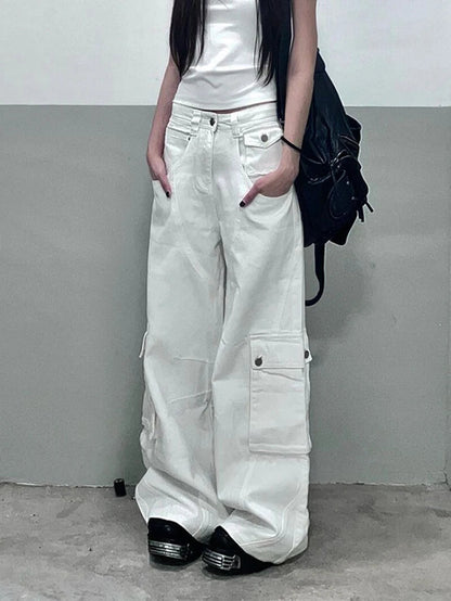 Summer White Jeans High Waist Baggy Y2k Trend Straight Cargo Pants Street American Wide Leg Denim Trouser